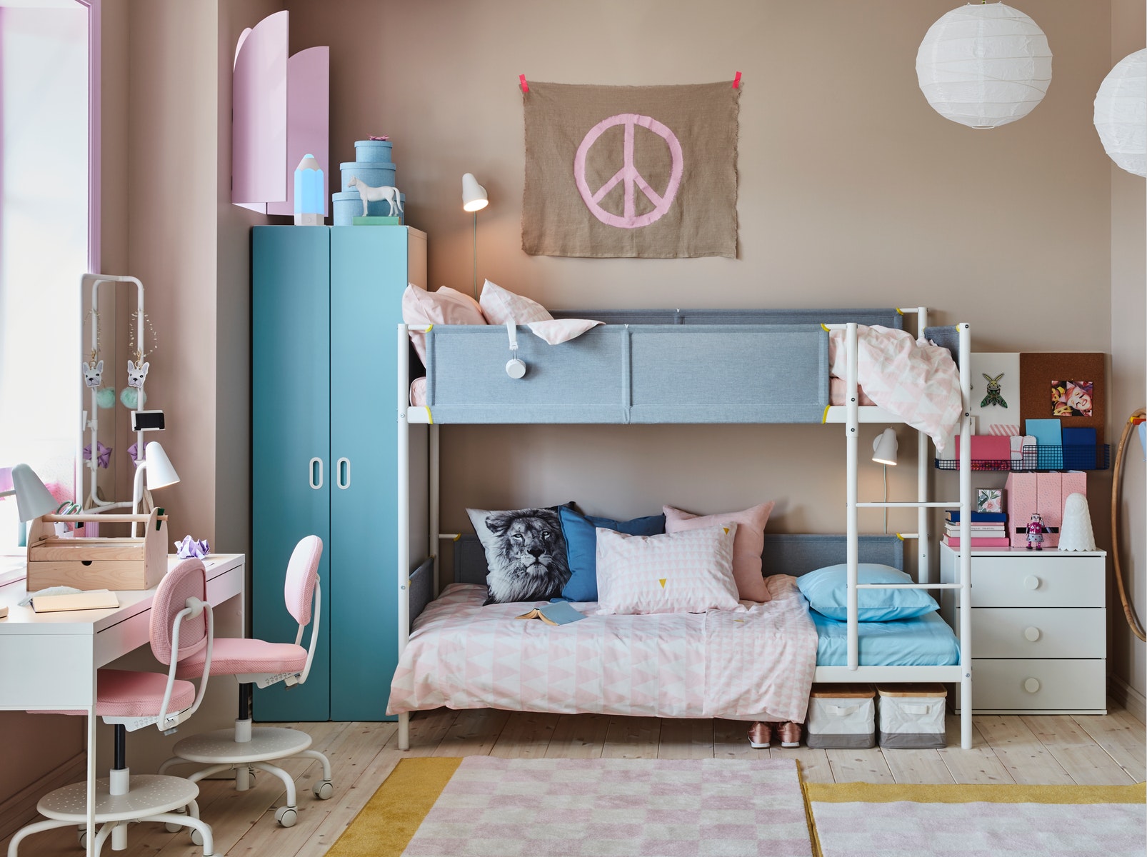 Детская комната с двухъярусной кроватью, короткий шкаф-гардероб, Md323
