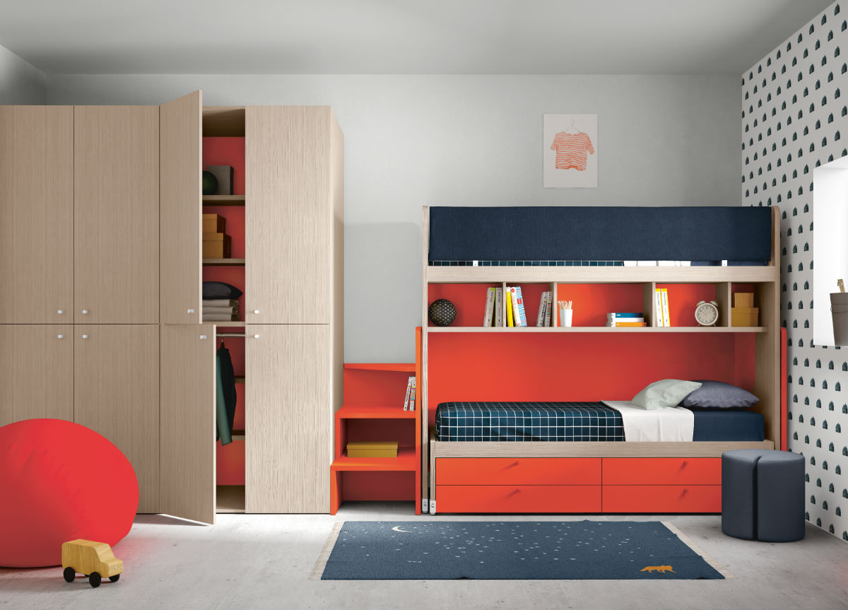 Детская комната для двух мальчиков с двухъярусной кроватью, красная, Md304