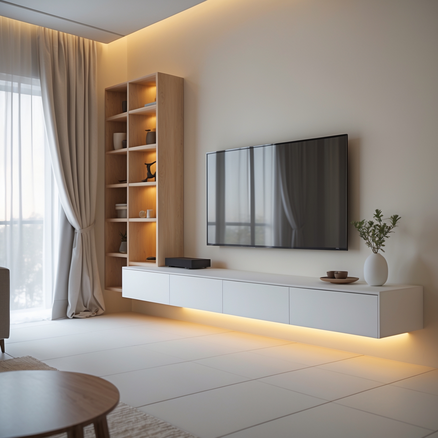 Современная подвесная ТВ-тумба с открытым стеллажом и подсветкой