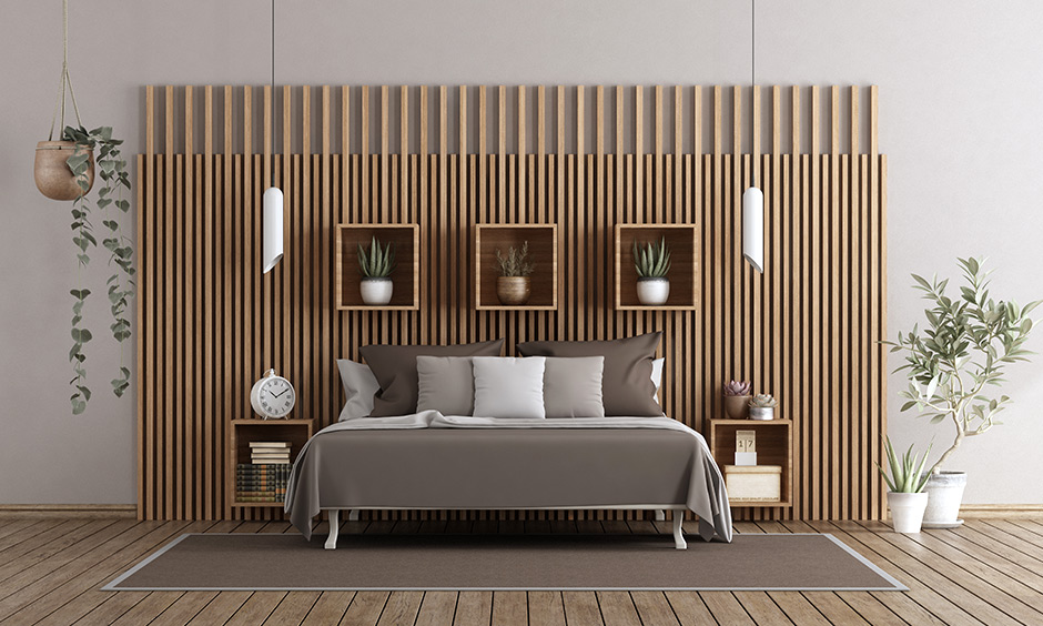 Стеновая панель «Деревянные рейки» у кровати ST141