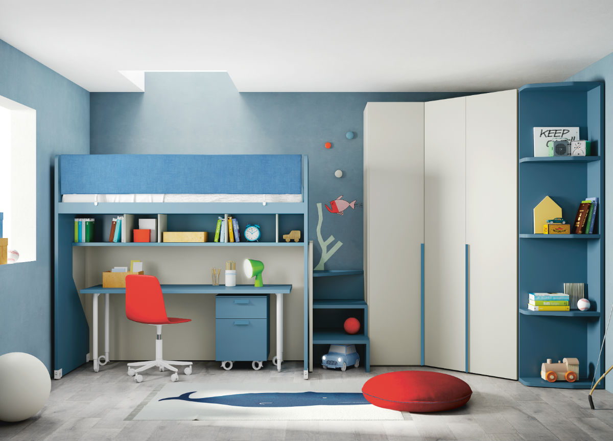 Бело-голубая мебель для школьника с распашным шкафом в углу,  Md307
