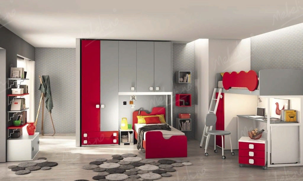 Яркая мебель для детской в красном цвете с «кабинетом», PC493