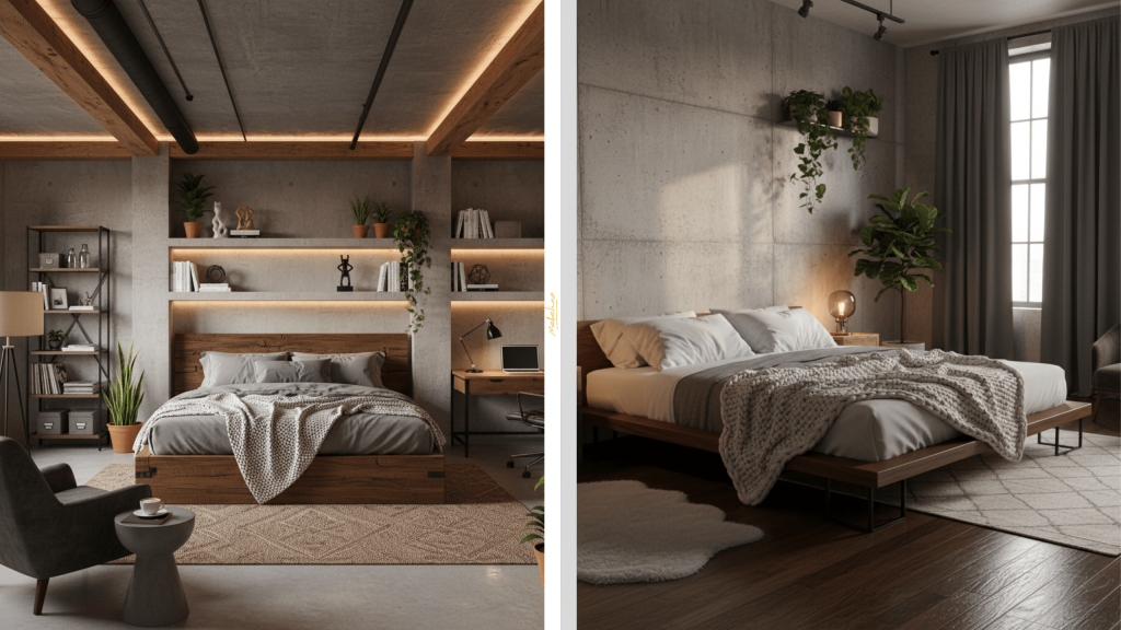 Натуральные материалы в спальне лофт