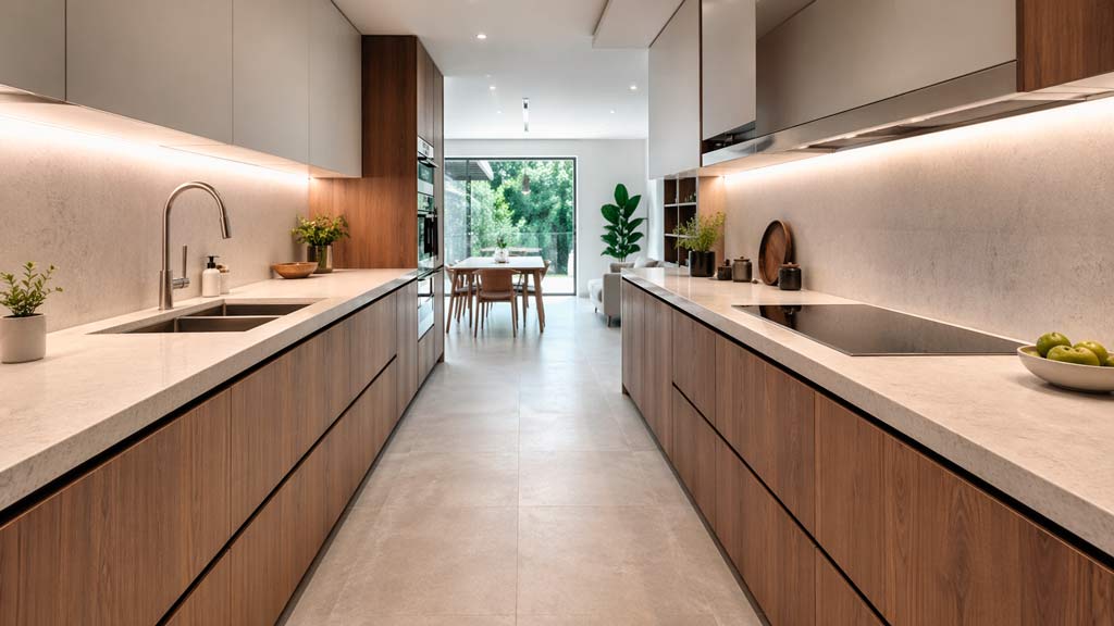 Элегантный минималистский дизайн кухни-камбуза