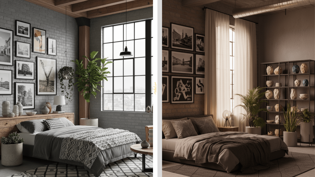Декор и аксессуары в спальне лофт