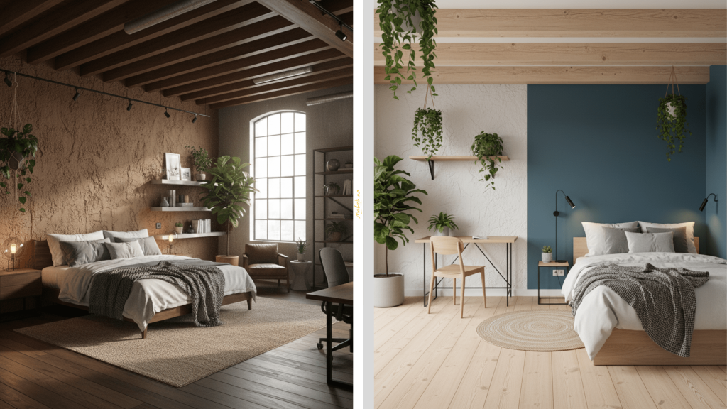 Отделка потолка, стен и пола в спальне лофт