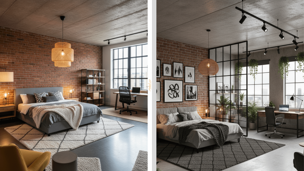 Зонирование в спальне лофт