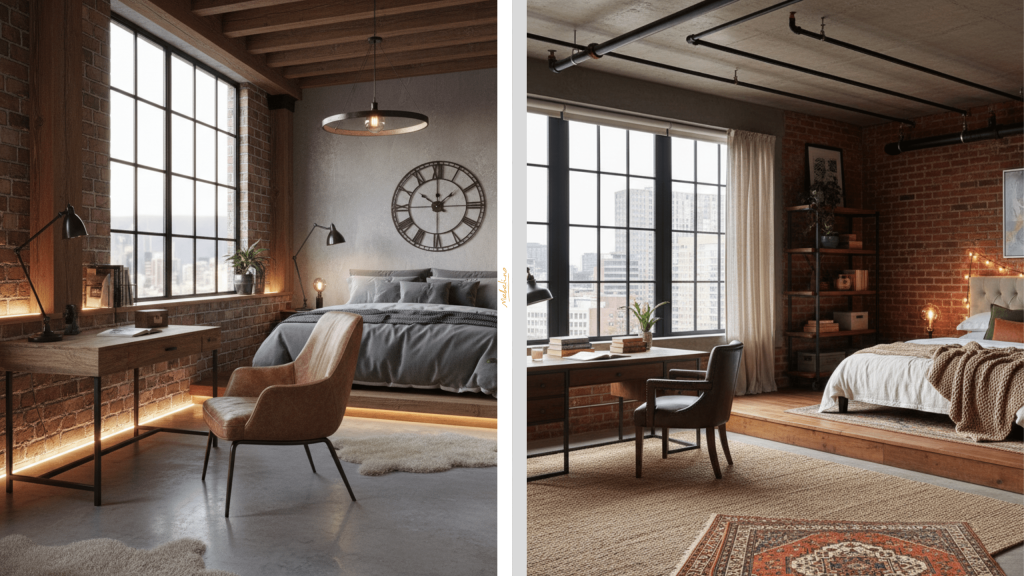 Рабочая зона в спальне лофт