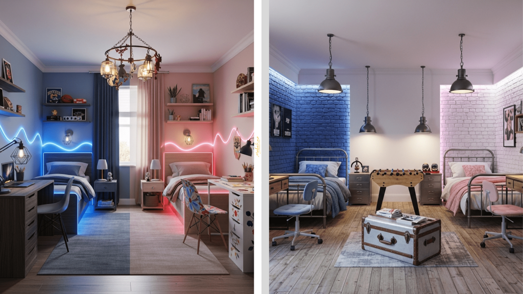 Многоуровневое освещение в комнате подростков разных полов Многоуровневое освещение в комнате подростков разных полов