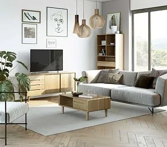 Светлая мебель под дерево для гостиной на высоких ножках G297