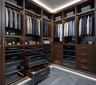 Мужская гардеробная с зеркальными ящиками и тёмной отделкой