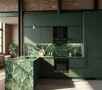 Зелёная современная угловая кухня с полуостровом