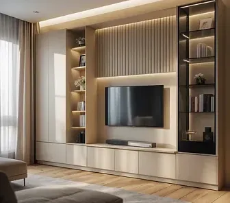 Минималистичная ТВ-зона в бежевом цвете с вертикальными рейками и витриной