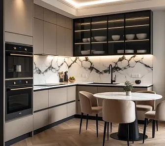 U-образная кухня с акцентом на контраст фактур и подсветку