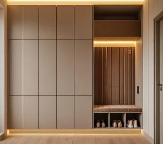 Встроенная прихожая с мягким сиденьем и подсветкой