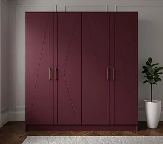 Современный пятидверный шкаф в оттенке бордо с геометрическим рисунком