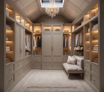 Гардеробная в классическом стиле с мягкой подсветкой