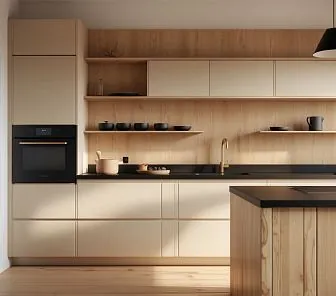 Скандинавская кухня с сочетанием светлых матовых фасадов и натурального дерева