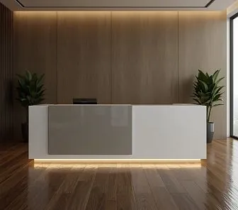 Ресепшн стильная стойка в белом матовом и глянцевом оформлении