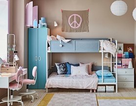 Двухцветная мебель с кроватями, шкафом и рабочей зоной Md323