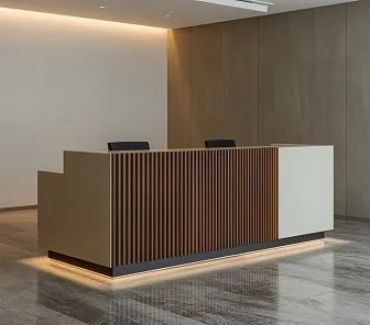 Стойка ресепшн двухцветная с ламелями и подсветкой