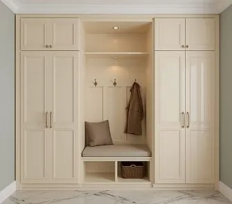 Глянцевый бежевый шкаф в прихожую с мягкой скамьёй