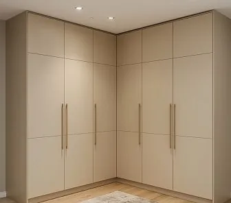 Современный угловой шкаф в тёплом бежевом оттенке