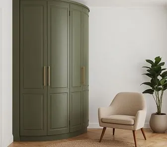 Стильный радиусный шкаф в матовом оливковом оттенке