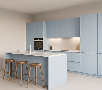 Кухня пудрово-голубая с островом 