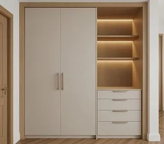 Современный шкаф с тёплой деревянной окантовкой