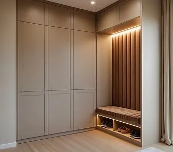 Встроенная прихожая с мягким сиденьем и нишей для обуви