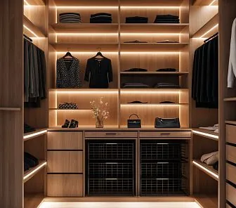 Современная гардеробная с элементами из дерева и подсветкой