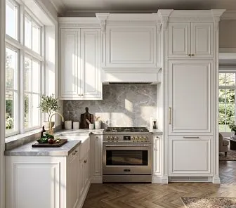Угловая классическая кухня из МДФ с филёнчатыми фасадами и столешницей
