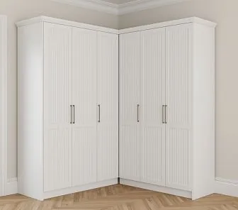 Современный белый L-образный угловой шкаф с вертикальным рифлением