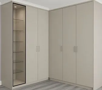 Современный L-образный угловой шкаф с витриной и распашными дверями