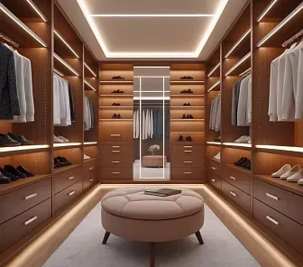 Гардеробная с симметричной планировкой и зеркалом