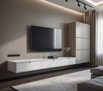 Элегантная стенка под ТВ с декоративными фасадами и подсветкой