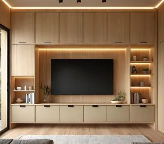 Современная стенка в гостиную с деревянной отделкой и подсветкой