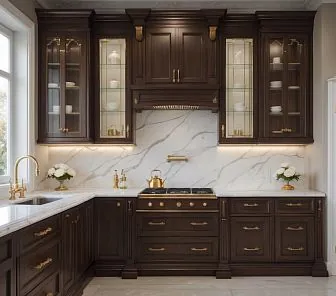 Роскошная классическая кухня из тёмного ореха с золотой фурнитурой