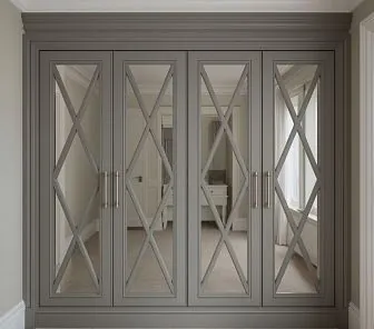 Роскошный встроенный шкаф с зеркальными фасадами и декоративной решёткой