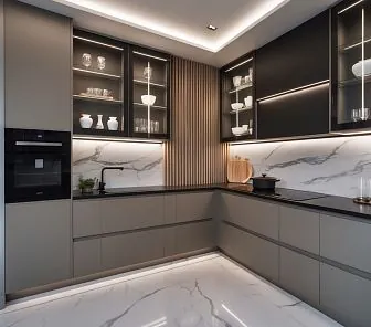 L-образная кухня с верхними шкафами со стеклянными дверцами и встроенной подсветкой