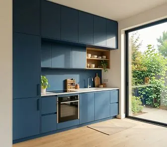Кухня в скандинавском стиле с синими матовыми фасадами до потолка