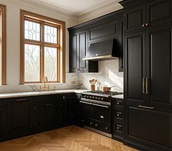 Угловая классическая чёрная кухня с филёнчатыми фасадами и столешницей