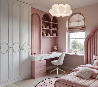 Гарнитур для девичьей комнаты в пастельно-розовых тонах с белыми акцентами