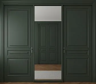 Встроенный шкаф-купе с зеркальной центральной створкой в зелёном классическом исполнении