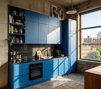 Кухня в стиле авангардный лофт с синими фасадами из шпона
