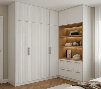 L-образный угловой шкаф с открытыми полками и подсветкой