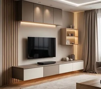 Современная ТВ-зона с матовыми фасадами и подвесной тумбой