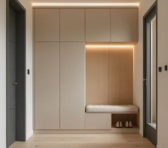 Минималистичная встроенная прихожая с мягким сиденьем и подсветкой