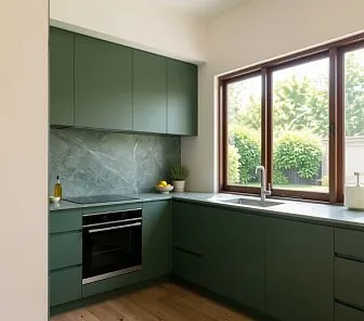 Угловая шалфейная кухня в стиле минимализм с панорамным окном